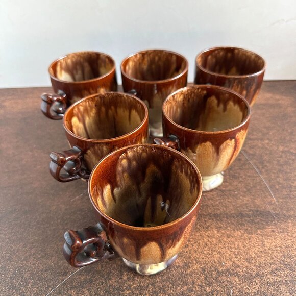 Set of 6 Brown Drip Glaze Coffee Mugs Mid Century - Picture 6 of 14